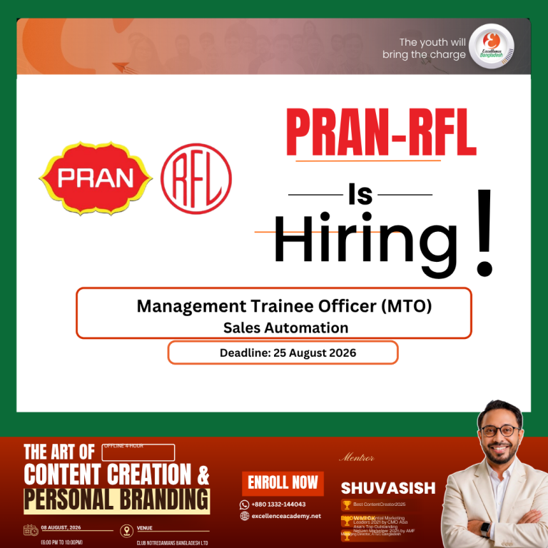 PRAN-RFL Group Hiring Management Trainee Officer (MTO) – Sales Automation | Fresh Graduates Encouraged | Apply by 25 August 2026